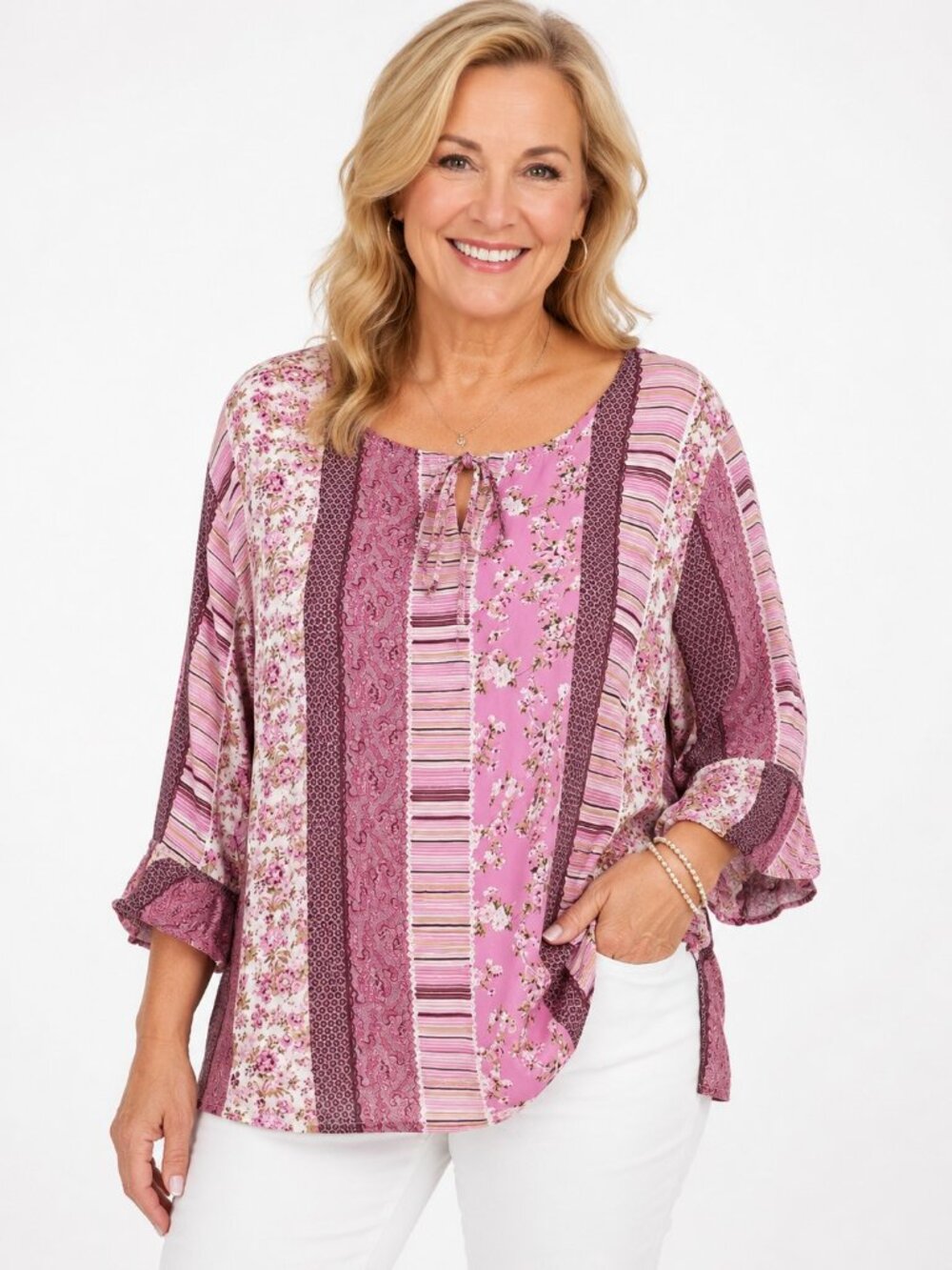 Vintage Joanna Plus 20W Cottagecore Boho Patchwork Floral Pink Peasant Blouse